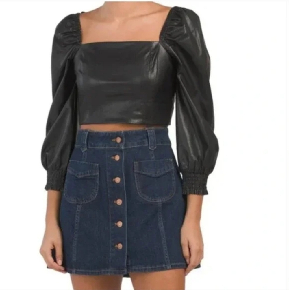 7 for all mankind Vegan Leather Blouson Sleeve Crop Top